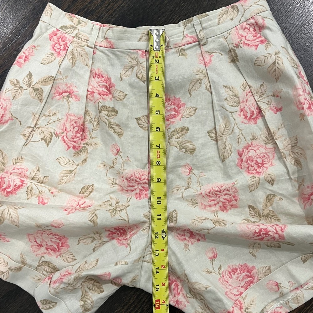 Vintage Lauren Ralph Lauren Shorts Womens 8 Beige Floral Linen Pleated Cuffed - Picture 6 of 7